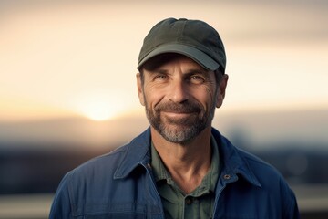 Portrait of a smiling mature man wearing a baseball cap outdoors.