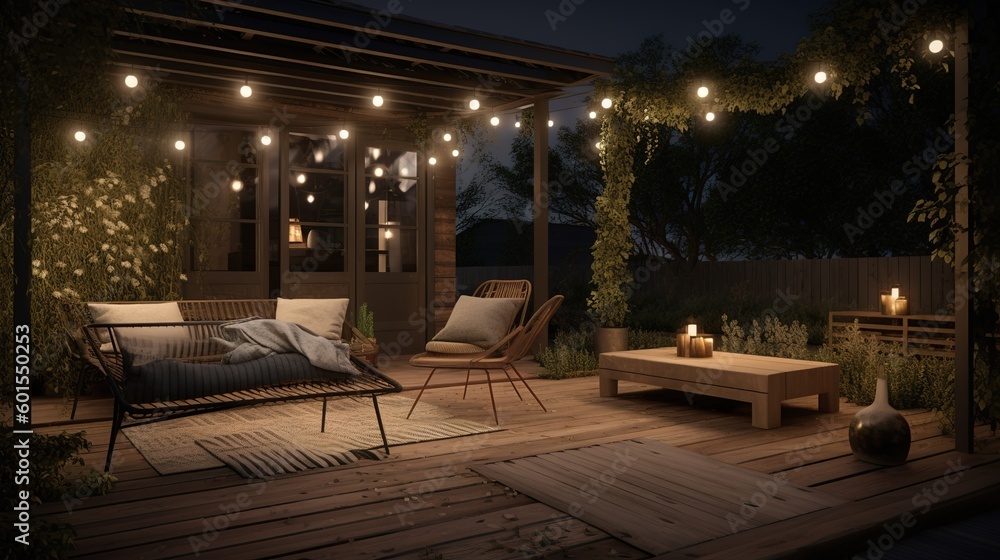 Aufkleber a candlelit table with a sofa and a table outside on a deck made of wood generative ai