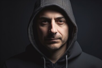 Portrait of a man in a black hoodie on a dark background