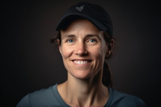 Close-up portrait of a smiling woman in a cap on a dark background