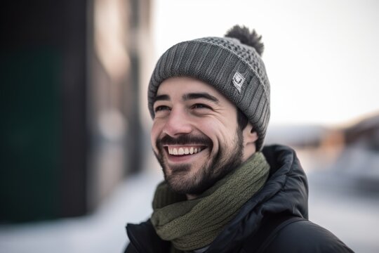 young handsome bearded hipster man in winter hat and scarf smiling happy in urban background