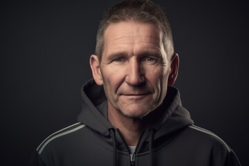 Fototapeta premium Portrait of a handsome mature man in sportswear on a dark background.