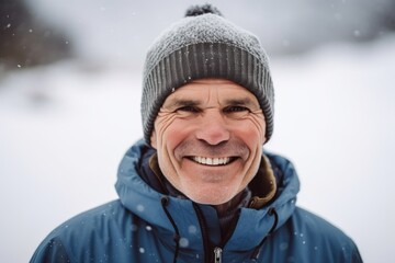 Fototapeta premium Portrait of happy senior man in winter jacket and hat looking at camera