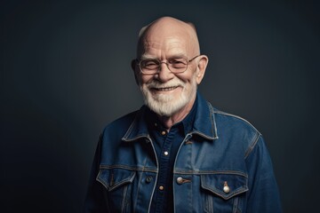Fototapeta premium Portrait of a smiling senior man in jeans jacket and glasses.
