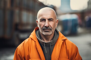 Portrait of a mature man in an orange raincoat on the street