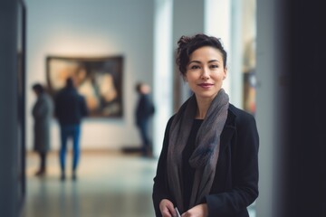 Portrait of a beautiful woman looking at artworks in art gallery