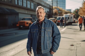 Portrait of a handsome mature man with gray hair, wearing a denim jacket and jeans posing in an urban context