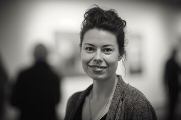 Portrait of a beautiful young woman in a museum. Black and white photo.
