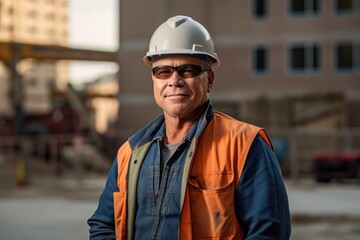 Portrait of mature man engineer wearing safety helmet and glasses on construction site