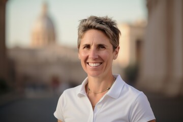 Medium shot portrait photography of a grinning woman in her 40s wearing a sporty polo shirt against a historic monument or landmark background. Generative AI