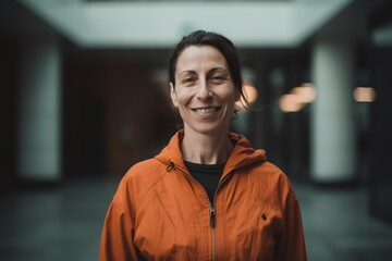 Fototapeta premium Portrait of smiling woman in orange jacket standing in corridor of building