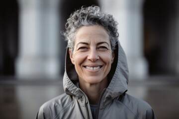 Portrait of smiling senior woman with hooded jacket in the street