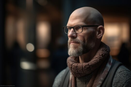 Portrait of a handsome senior man with gray hair and beard wearing glasses and scarf