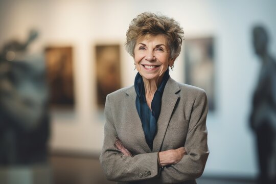 Portrait of smiling senior woman standing with arms crossed in art museum