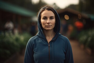 Portrait of a beautiful young woman in a blue hoodie.