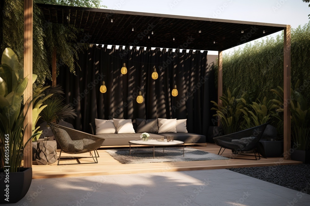 Poster a lounge that includes a sofa as well as a table generative ai