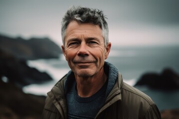 Portrait of a handsome mature man standing in front of the ocean