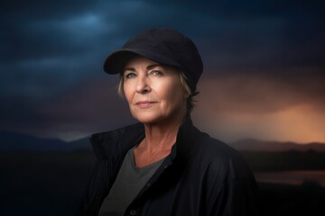 Portrait of a senior woman wearing a cap against stormy sky
