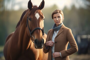 Obraz premium Portrait of a beautiful young woman with a horse in the field