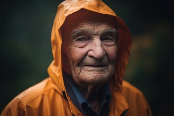 Portrait of an elderly woman in a raincoat on a rainy day