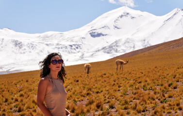 Naklejka na ściany i meble head shot portrait young latina woman outdoors in San Pedro de Atacama with Guanacos and snowy mountain in the background