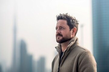 Fototapeta premium Young handsome man with short hair wearing a coat in an urban context