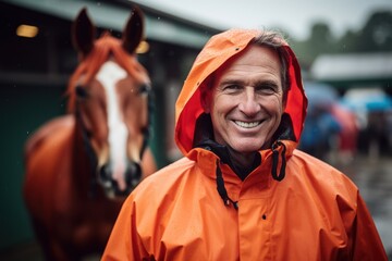 Medium shot portrait photography of a satisfied man in his 50s wearing a vibrant raincoat against an equestrian or horse background. Generative AI