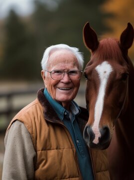 Medium shot portrait photography of a pleased man in his 80s wearing a cozy sweater against an equestrian or horse background. Generative AI