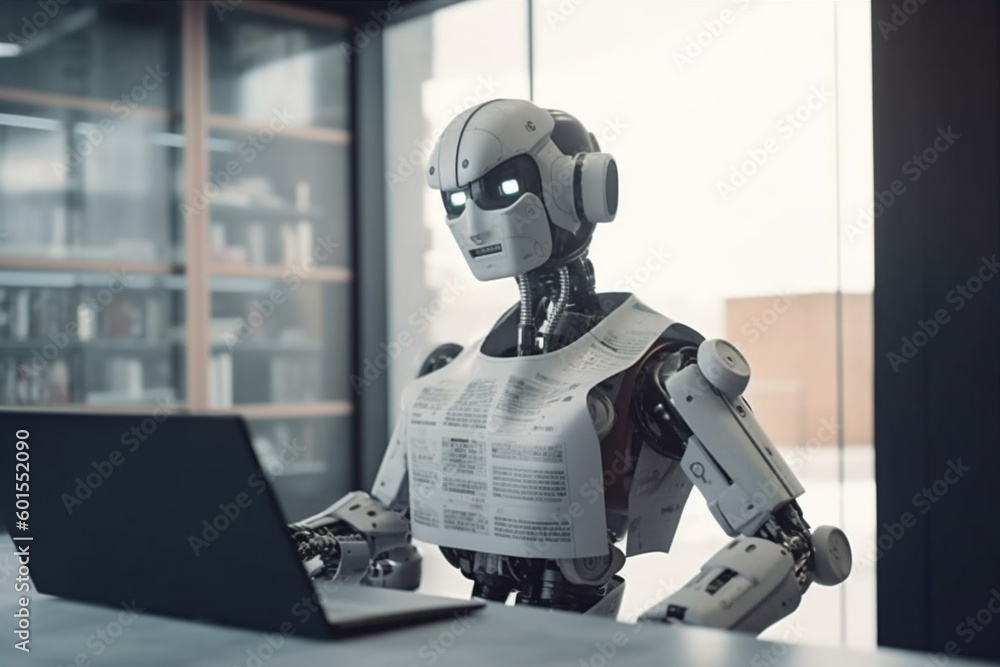 Poster robot hand document paper ai digital technology office laptop artificial. generative ai.
