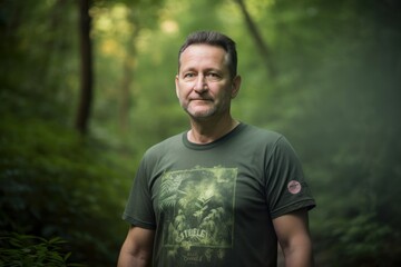 Naklejka na ściany i meble Portrait of a middle-aged man in a green T-shirt standing in the forest