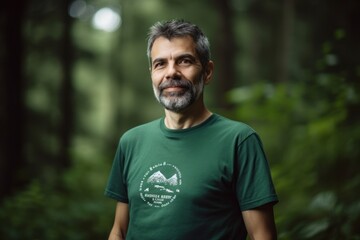Environmental portrait photography of a satisfied man in his 40s wearing a fun graphic tee against a mystical forest background. Generative AI
