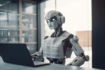 Naklejka premium robot hand document paper ai digital technology office laptop artificial. Generative AI.