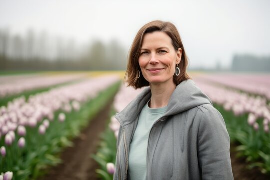 Pet portrait photography of a satisfied woman in her 40s wearing a cozy sweater against a flower field or tulip field background. Generative AI