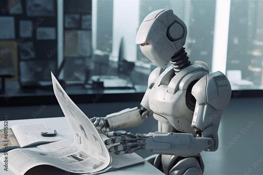 Poster robot office digital artificial hand paper ai document technology laptop. generative ai.