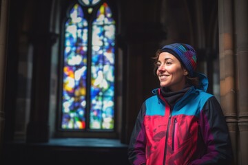 Medium shot portrait photography of a cheerful woman in her 30s wearing a comfortable tracksuit against a stained glass or cathedral background. Generative AI