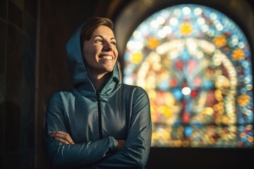 Obraz na płótnie Canvas Portrait of a smiling woman in hoodie with arms crossed in church