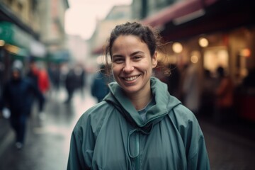 Fototapeta premium Group portrait photography of a satisfied woman in her 30s wearing a comfortable tracksuit against a bustling market or street scene background. Generative AI