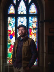 Fototapeta na wymiar Portrait of a handsome young man in a plaid shirt and cap standing in front of a stained glass window