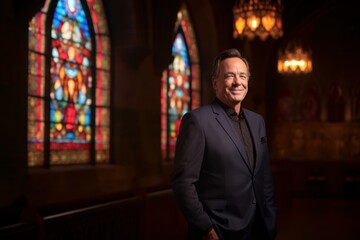 Obraz premium Portrait of a handsome mature man standing in front of a church stained glass window