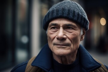 Portrait of an elderly man in a hat on a city street