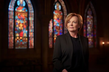 Portrait of a beautiful mature woman standing in front of a church stained glass window.