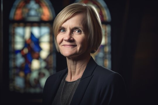 Portrait of a smiling senior woman looking at camera in church.