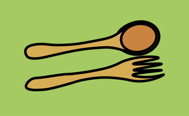 Eco friendly crockery. Wooden spoon and fork. Sticker for social networks and messengers. Caring for nature and environment, reducing release of hazardous waste. Cartoon flat vector illustration