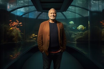 Obraz na płótnie Canvas Full-length portrait photography of a pleased man in his 50s wearing a cozy sweater against an aquarium or underwater background. Generative AI