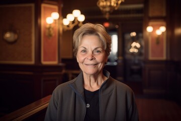 Portrait of smiling senior woman in cafe at bar counter in pub