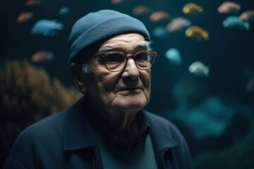 Elderly man in a cap and glasses looking at the aquarium.