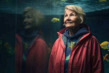 Portrait of an elderly woman looking at the camera in an aquarium