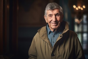 Portrait of smiling senior man in coat looking at camera in cafe