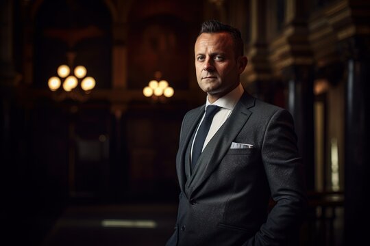 Portrait of a handsome mature man in a business suit standing in a church.