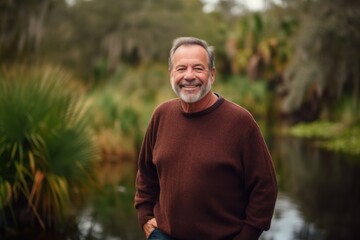 Portrait of a smiling senior man standing by the water in the park